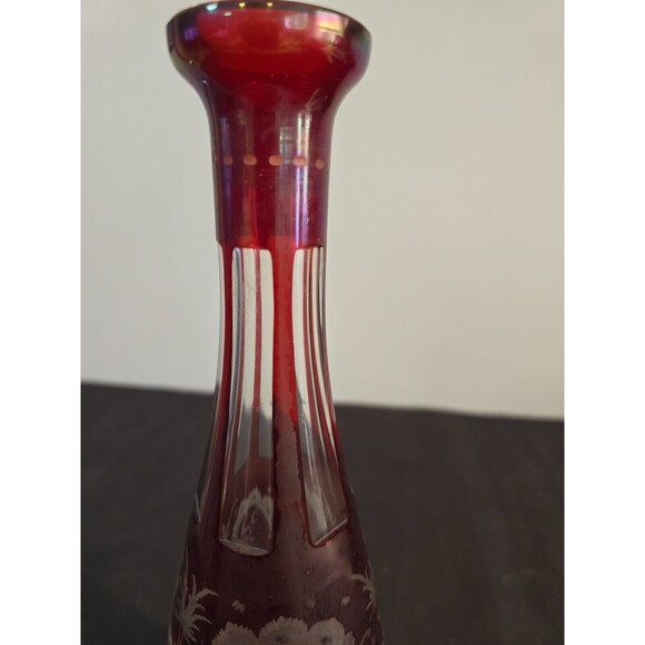 Bohemian Czech Ruby Red Hand Blown Cut to Clear Egermann-style Decanter w/ Label - Picture 5 of 9
